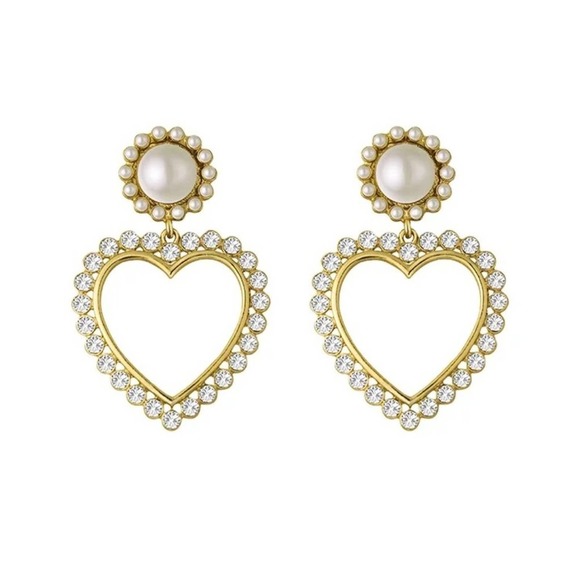Heart Large Pearl Simulated Diamonds Drop Earrings 18k Gold Plated - Picture 6 of 6
